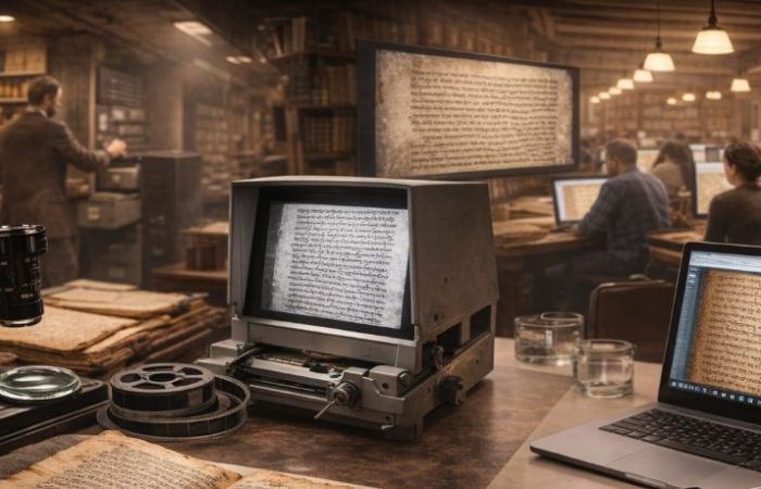 Digitization equipment displays a scanned manuscript page with Hebrew text, alongside microfilm reels and historic documents on a worktable.