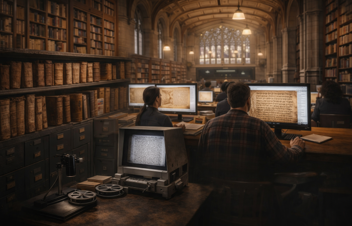 Researchers work in a historic library, reviewing digitized manuscript pages on computer screens surrounded by shelves of rare books and archival equipment.