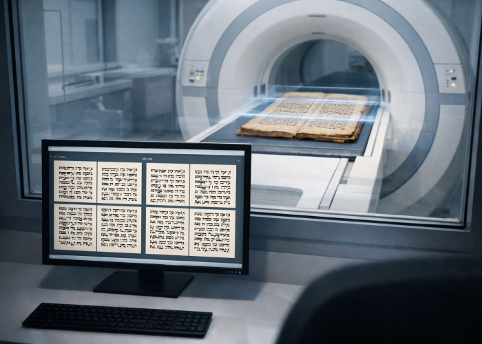 Advanced imaging system scans an ancient manuscript while a computer monitor displays high-resolution Hebrew text for analysis and preservation.