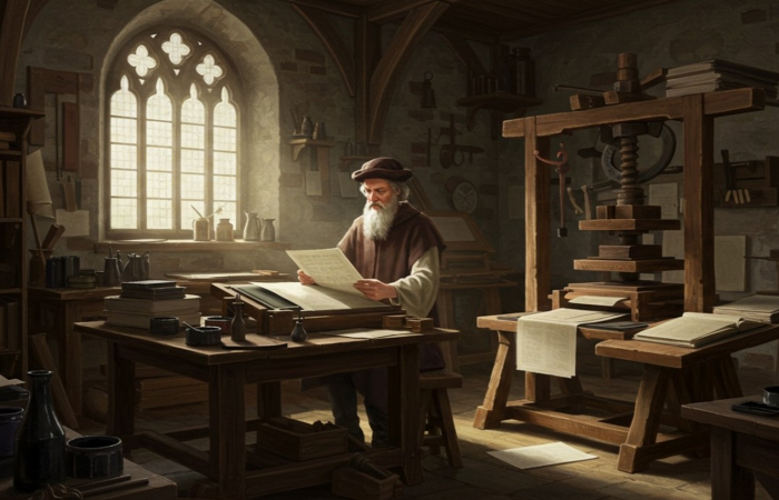 Medieval scholar reviews a manuscript at a wooden worktable inside a historic workshop, with books, tools, and a large printing press nearby.